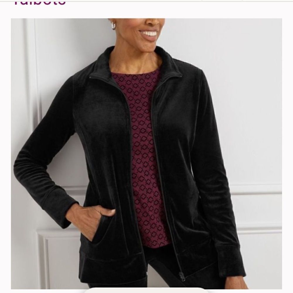 Talbots Jacket Womens Size XS Black Velour Full Zip Pockets Long Sleeves NWT